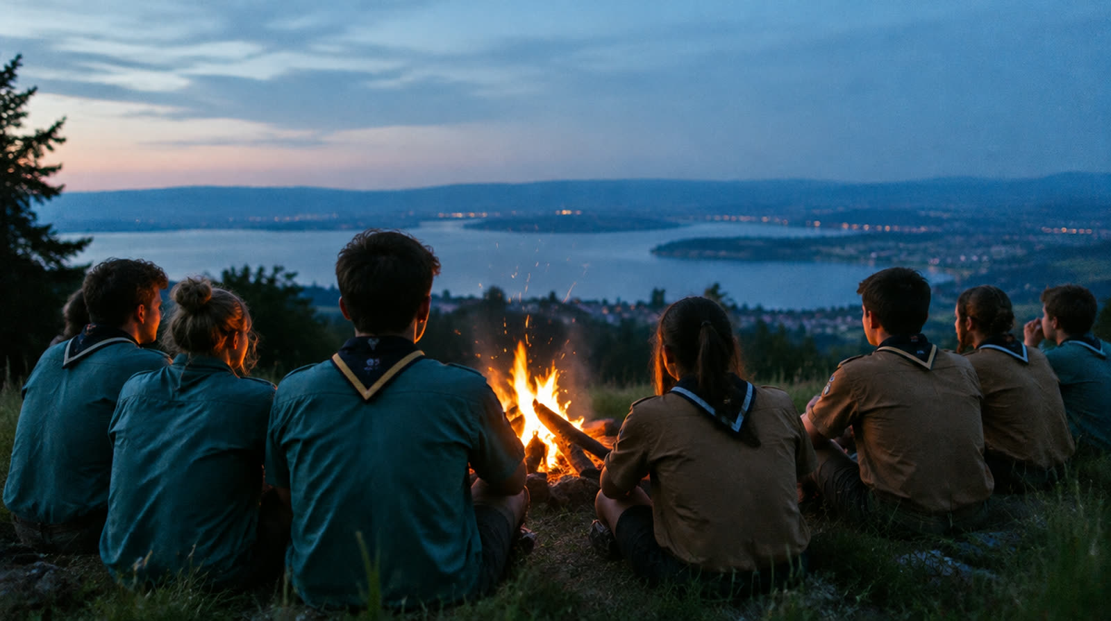 Pfadis in Hemd und Krawatte sitzen am Abend um ein Feuer über dem Bodensee