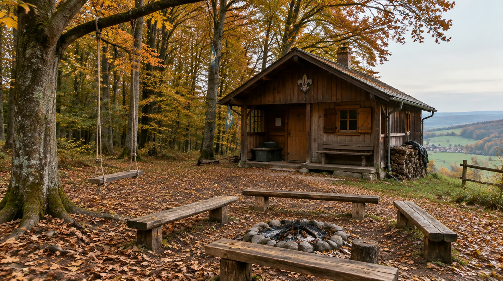 Holzhütte in einem herbstlichen Wald